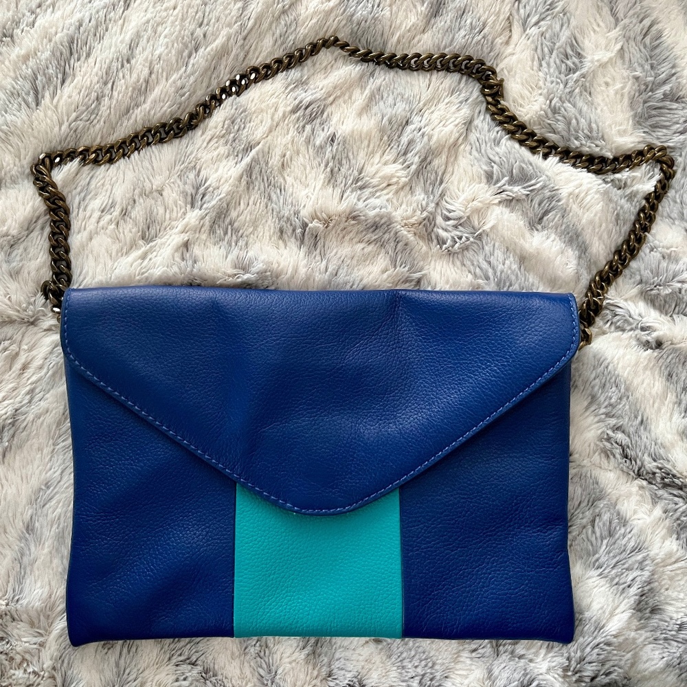 Vintage '90s J.CREW Color Block Envelope Purse Chain Strap Blue/Teal Leather